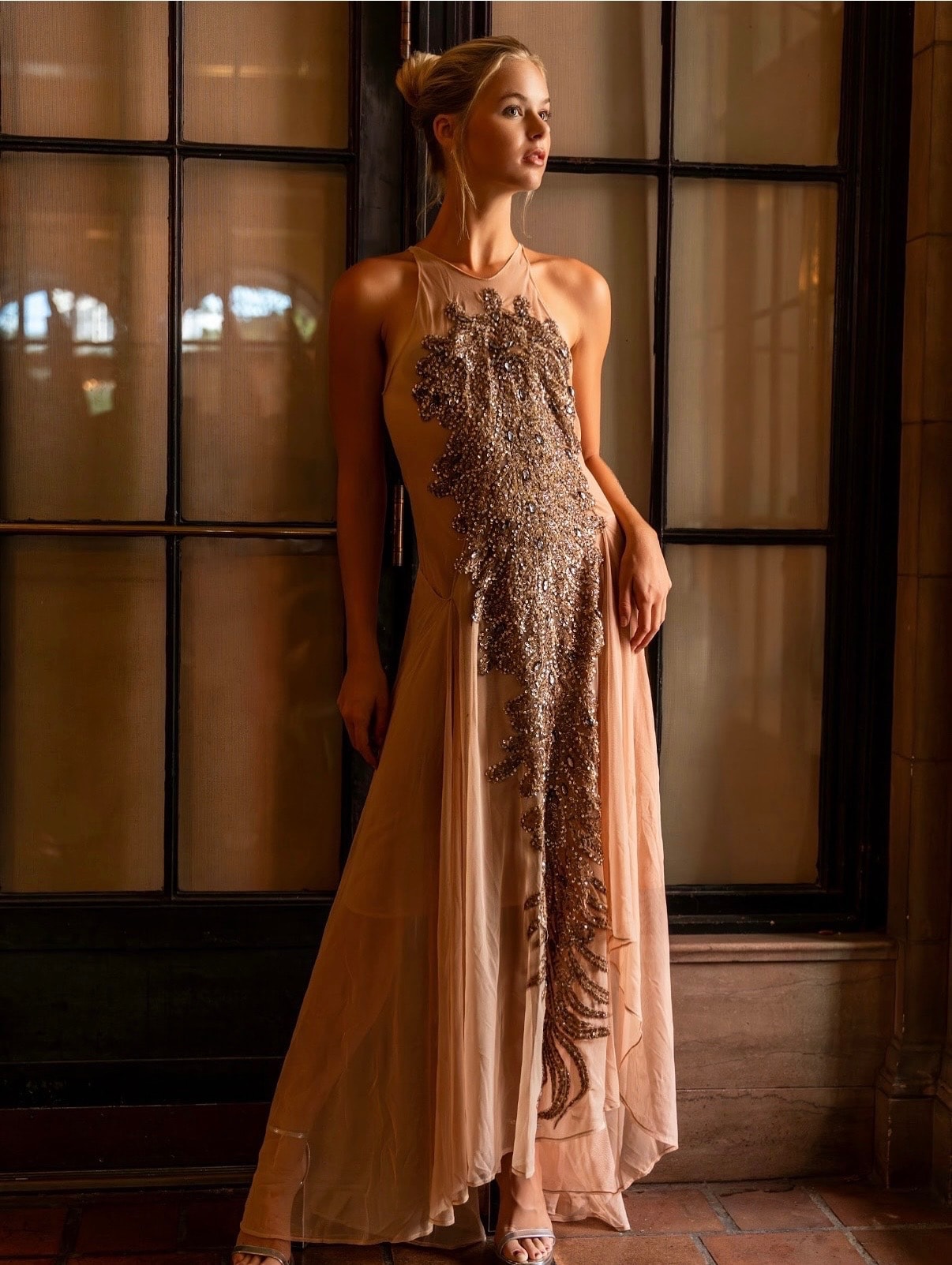 Crystal embellished blush gown